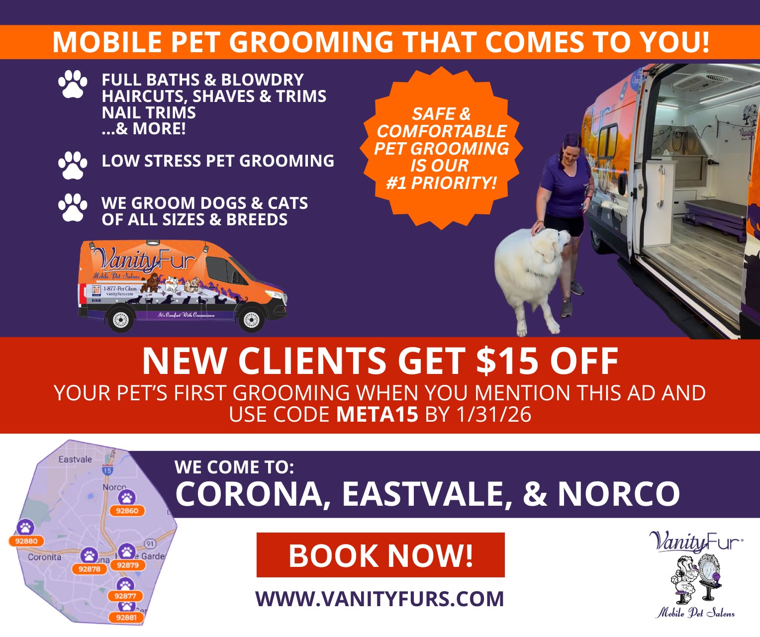 Vanity Fur Eastvale Pet Grooming ad creative