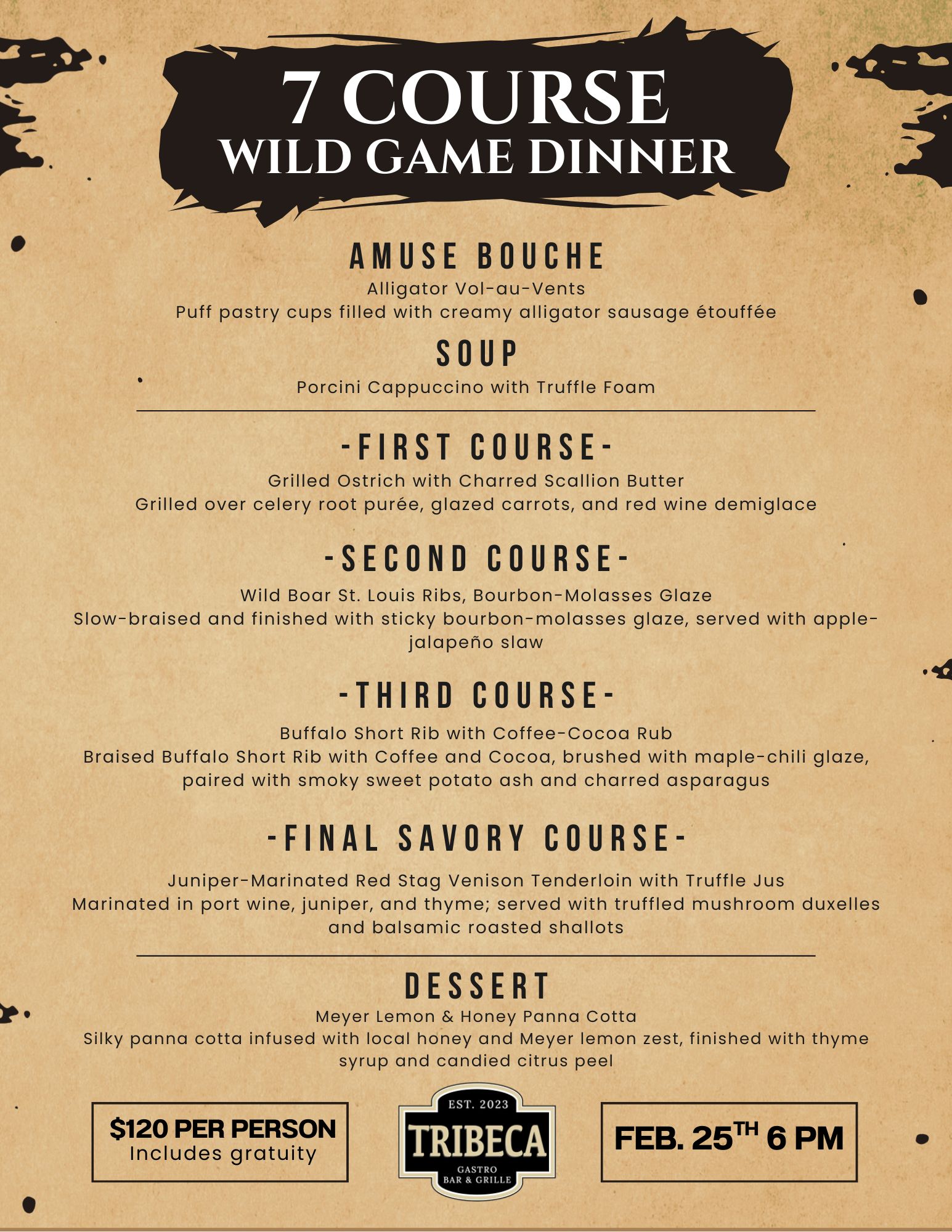 🦌 FIRST-EVER at Tribeca: A Seven-Course Wild Game Dinner Experience