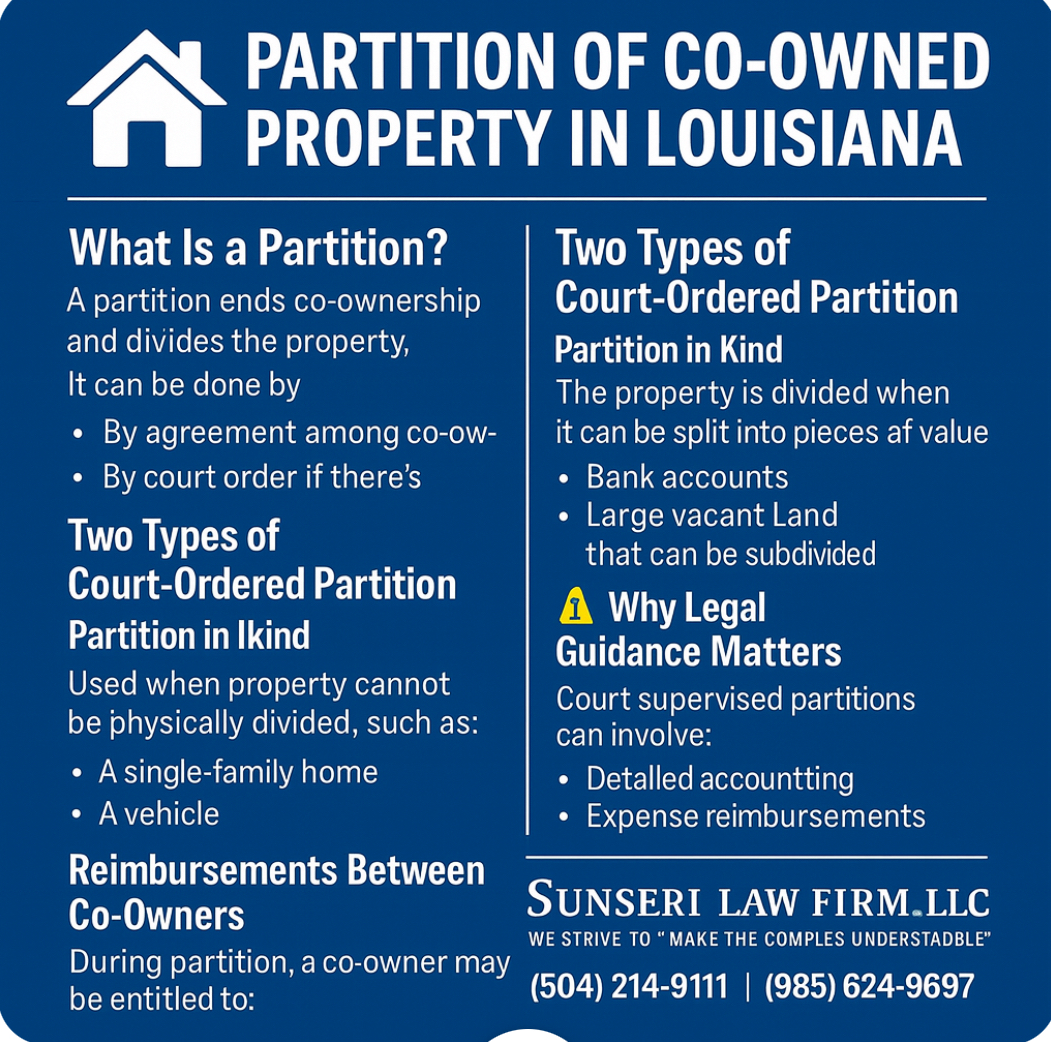 PARTITION OF CO-OWNED PROPERTY IN LOUISIANA - THE SUNSERI LAW FIRM, LLC