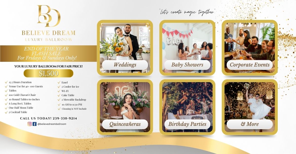 Celebrate your next big event in style at Believe Dream Luxury Ballroom ๐ซ Now just $1,500!