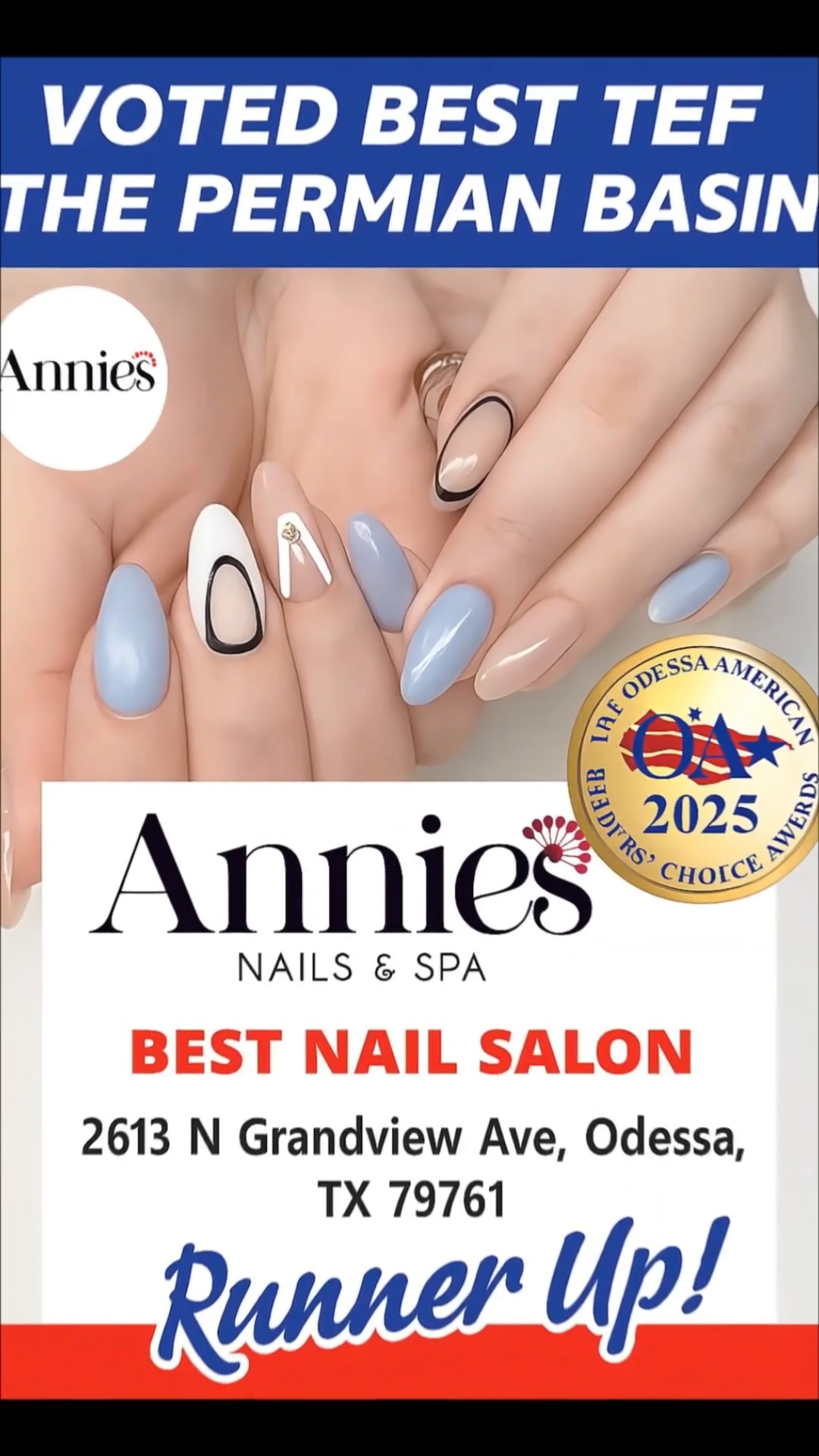 🏆 Annie’s Nails & Spa – Runner Up 2025 in The Odessa American Readers’ Choice Awards!