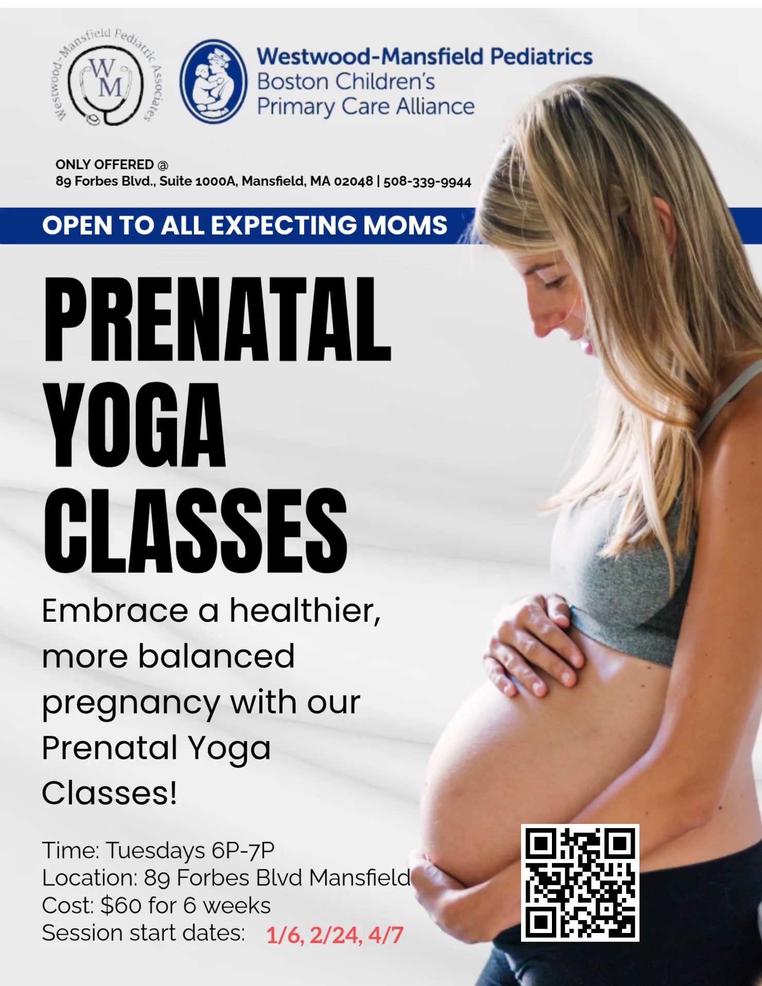 New Prenatal Yoga Classes!
Join certified instructor Kirsten Baima—yoga teacher, pediatric physical therapist, and infant massage expert for safe, supportive classes for every stage of pregnancy. https://www.wmpeds.com/yoga