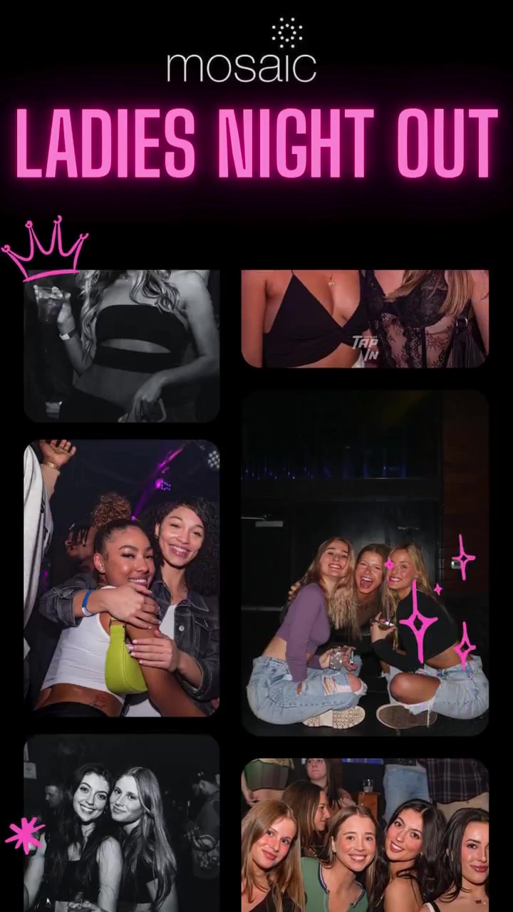 The vibes are unmatched November 29th at Mosaic. No cover, free cocktails from 9–10 PM, and all-night drink deals for ladies.